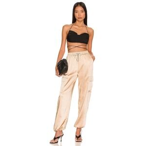 Superdown Rita Cargo Pants Champagne Satin S High Rise Drawstring NWT